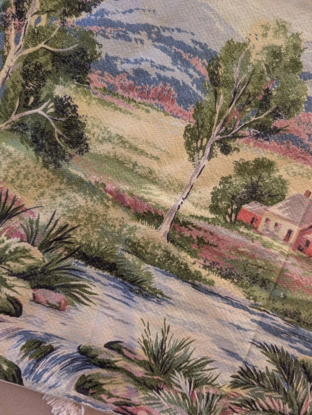 Beautiful Barkcloth pillow case, pastoral scene